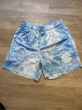 Eric Emanuel Light Blue Tie-Dye Mesh Shorts with White Drawstring